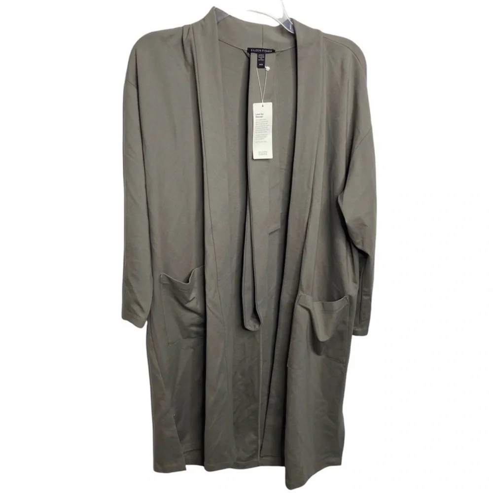 $328 NWT Eileen Fisher Medium Flex Ponte Belted Long Jacket Boxy Fit Smoke Gray